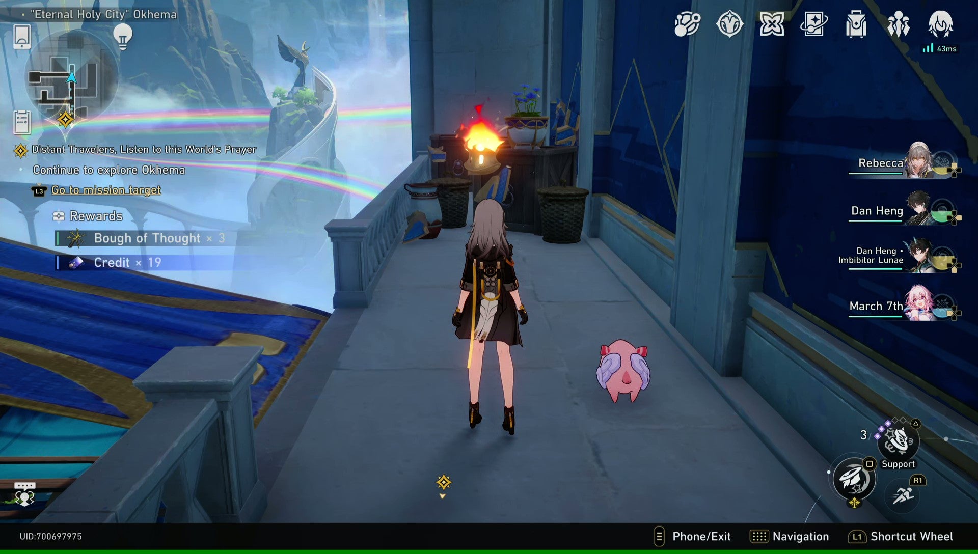 Trailblazer Stelle and her tuskpir approach a Living Flame of Georios on a balcony with a view over the abyss of Amphoreus in Honkai: Star Rail. - 3