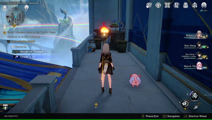 Trailblazer Stelle and her tuskpir approach a Living Flame of Georios on a balcony with a view over the abyss of Amphoreus in Honkai: Star Rail.