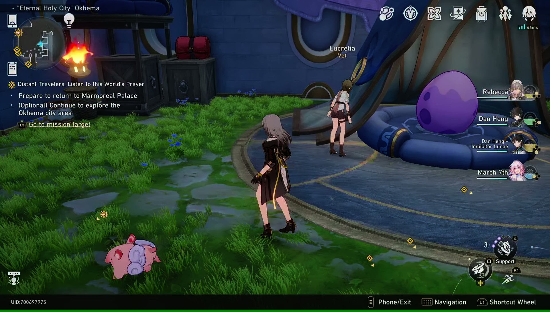 Trailblazer Stelle runs past a giant purple egg in a tent towards a Living Flame of Georios in Honkai: Star Rail. - 5