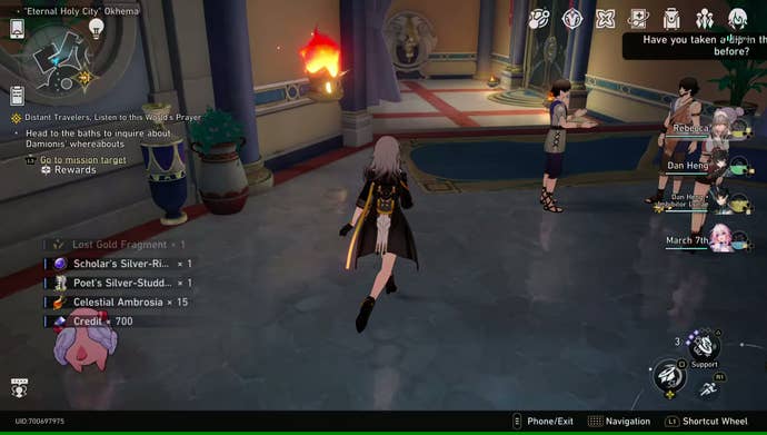 Trailblazer Stelle runs down a palace corridor in Amphoreus towards a Living Flame of Georios in Honkai: Star Rail.