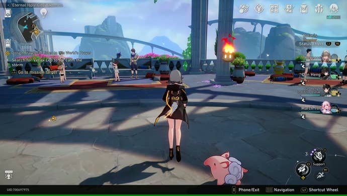 Trailblazer Stelle approaches a Living Flame of Georios by a pillar in an outdoor dining area overlooking the Amphoreus abyss in Honkai: Star Rail.