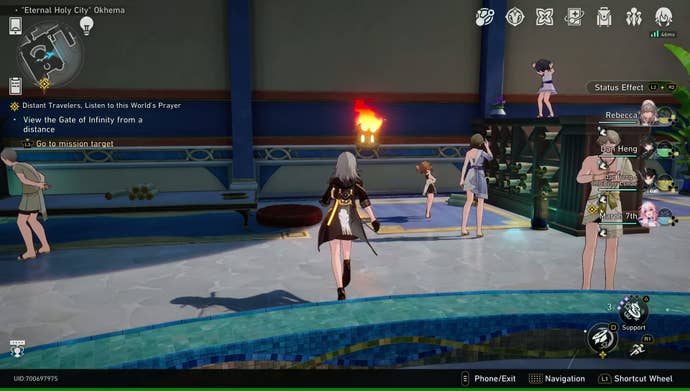 Trailblazer Stelle exits a large communal bath to approach a Living Flame of Georios beside a scroll shelf in Honkai: Star Rail.