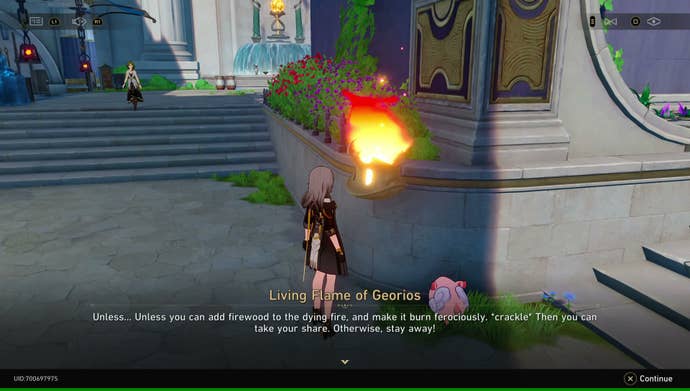 The Trailblazer speaks to a Living Flame of Georios at the intersecting foot of two stone staircases, opposite an opulent fountain in the Marmoreal Market in Honkai: Star Rail 3.0.