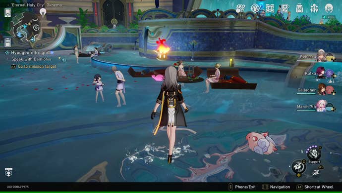 The Trailblazer wades through a large communal bath filled with cavorting NPCs in Honkai: Star Rail 3.0.