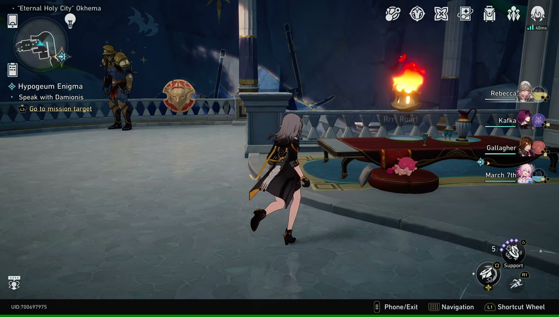 The Trailblazer approaches a flaming pot floating near to an opulent seating area overlooking a wide stone staircase in Honkai: Star Rail 3.0. - 10