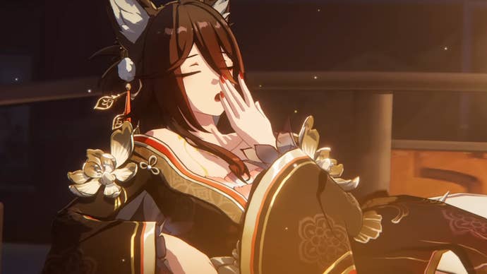 Fugue from Honkai Star Rail, reclining in a chair and yawning