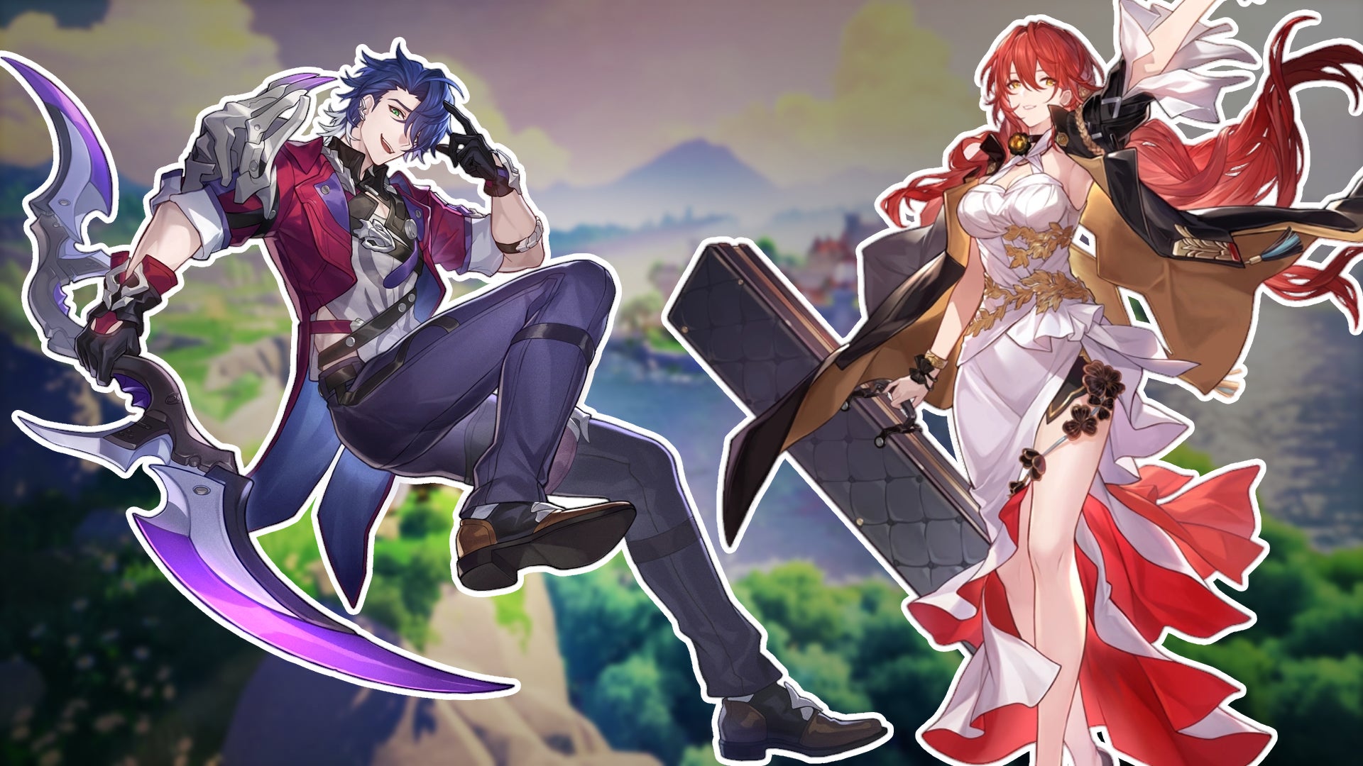 Two characters from Honkai Star Rail on top of a background from Genshin Impact. - 1