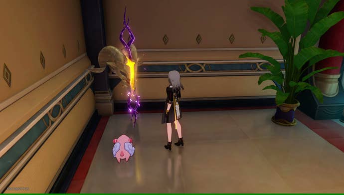 Stelle (the female Trailblazer) and her pet tuskpir stand in front of a gold-and-purple glowing goat skull in the corner of an Amphoreus bathhouse in Honkai: Star Rail 3.0.