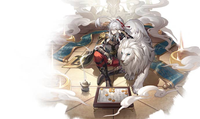 Jing Yuan playing Xiangqi with a white lion in Honkai Star Rail