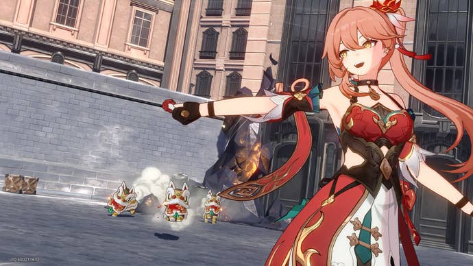 Honkai Star Rail Guinaifen build: An anime woman with long orange hair, wearing a stylish red and white dress, is summoning a small herd of lions