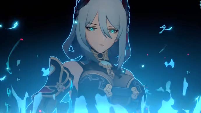 Honkai Star Rail Hanya materials list: An anime woman with shoulder-length white hair, wearing a black headband, is standing behind a wall of blue flames