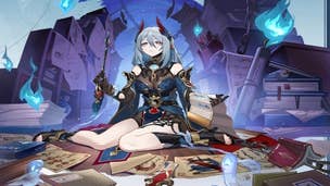 Honkai Star Rail Hanya kit and Traces priority: An anime women with shoulder-length grey hair is sitting on her knees, surrounded by books and ethereal blue flames