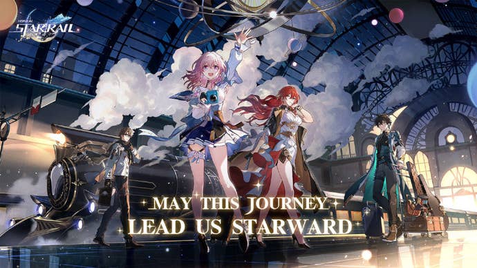 The main cast of Honkai: Star Rail assemble in front of the Astral Express in the game’s banner image.