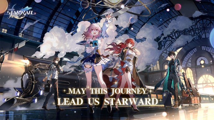 The main cast of Honkai: Star Rail assemble in front of the Astral Express in the game’s banner image.