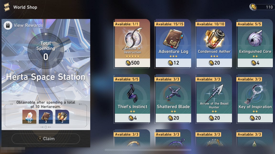 Items available for purchase at the Herta Space Station World Shop in Honkai Star Rail. - 5