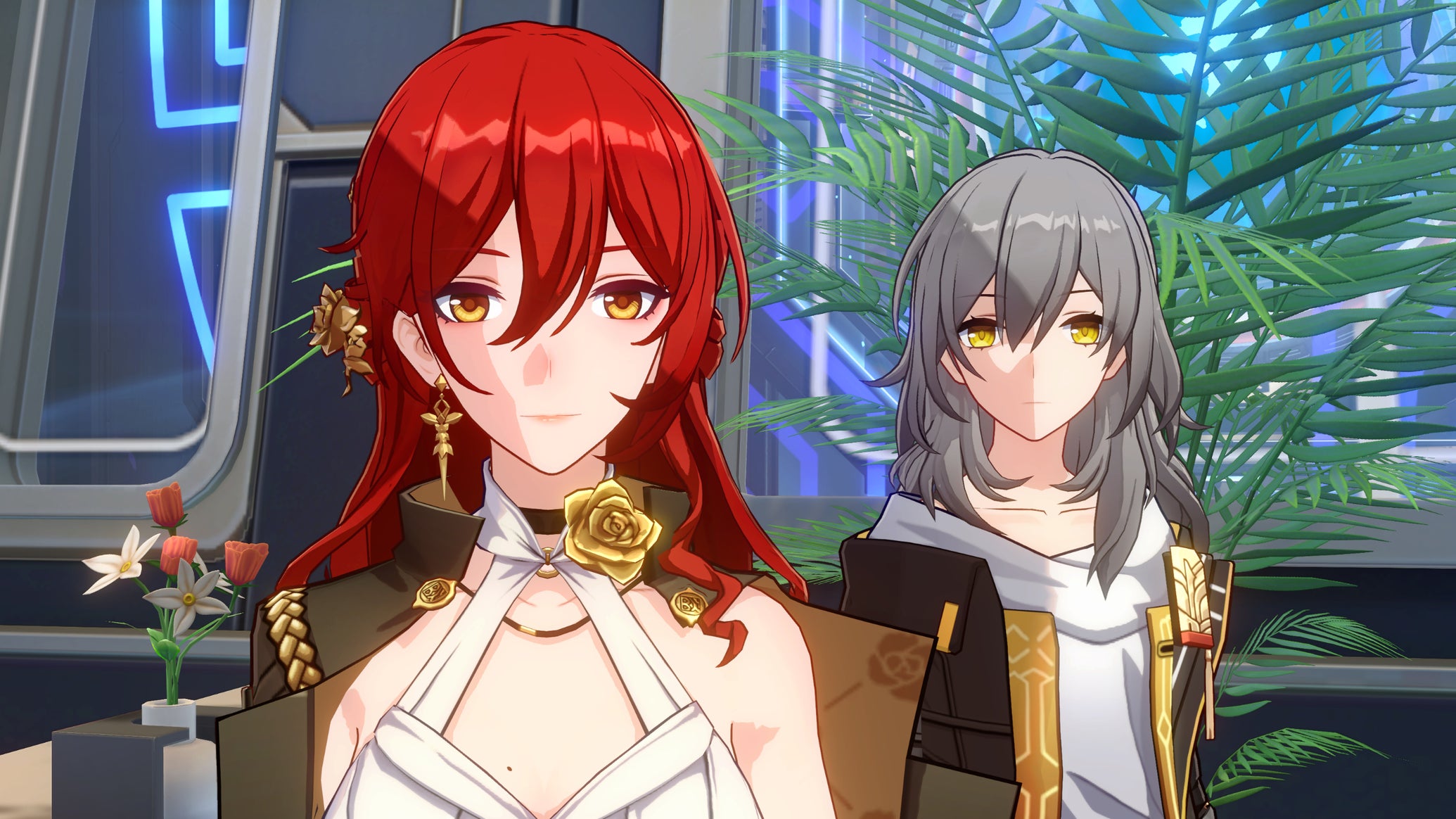 Himeko and Stelle look at the camera in the Parlor Car of the Astral Express in Honkai: Star Rail. - 17