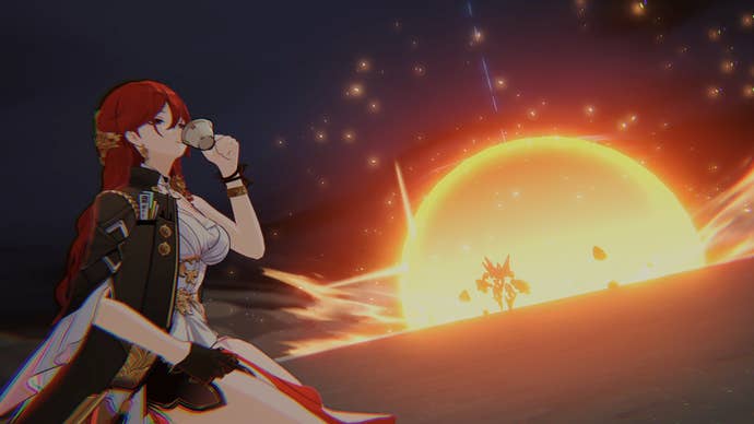Himeko, a character in Honkai: Star Rail, sips her tea while calling in a nuclear strike on an enemy in the background.