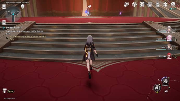 Stelle approaches the main stage of Penacony Grand Theatre, eerily empty as it usually serves as a boss fight arena, and prepares to pick up Sunday's lost journal.