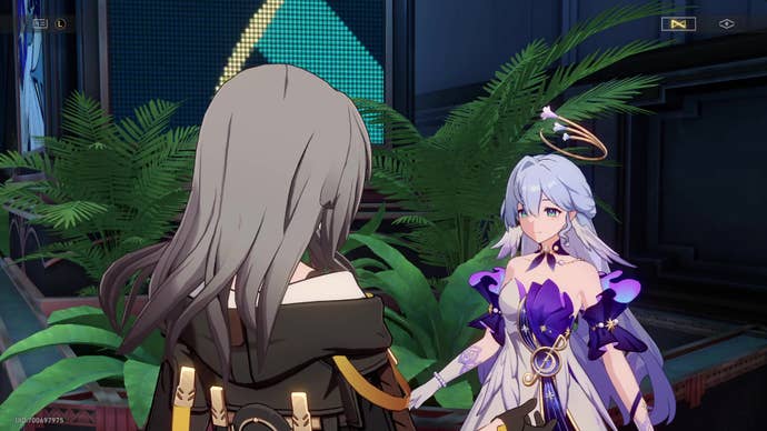 Stelle and Robin chat in the Ascension Hall entranceway of the Penacony Grand Theatre, with multiple lush ferns completing the backdrop to their conversation.