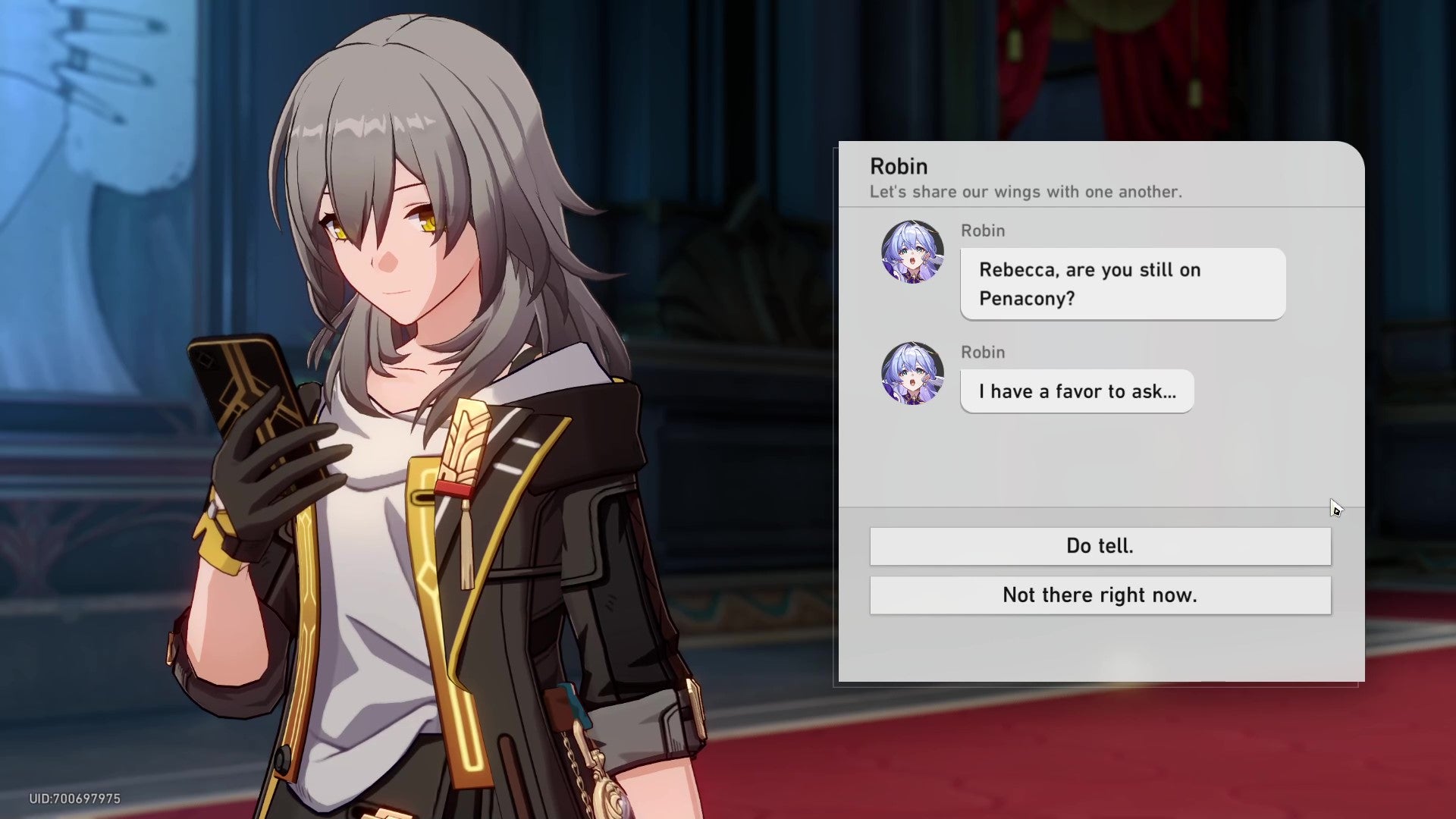 Stelle reads a text chain from Robin while standing in the Ascension Hall entranceway to Penacony Grand Theatre. - 3