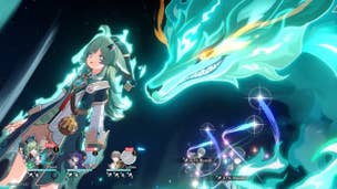 Honkai Star Rail Huohuo materials: An anime girl with long green hair is standing in front of a glowing Fox spirit bearing its teeth