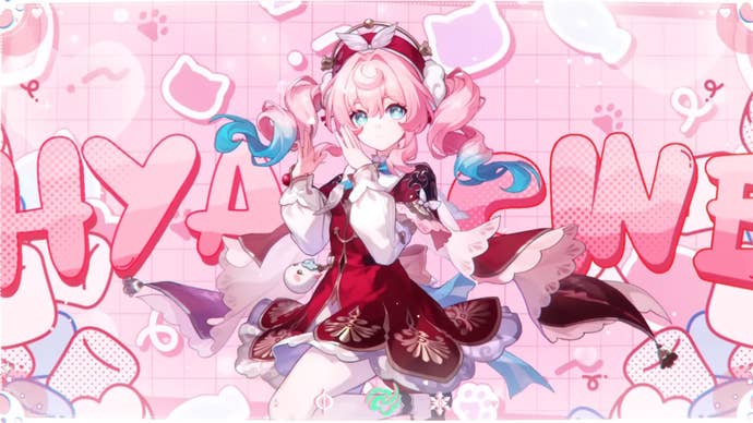 Hiacin standing in front of the big pink letters squeaking her name in Honkai Star Rail
