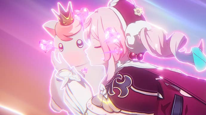 Hyacine and Little Ica flying on a rainbow in Honkai Star Rail