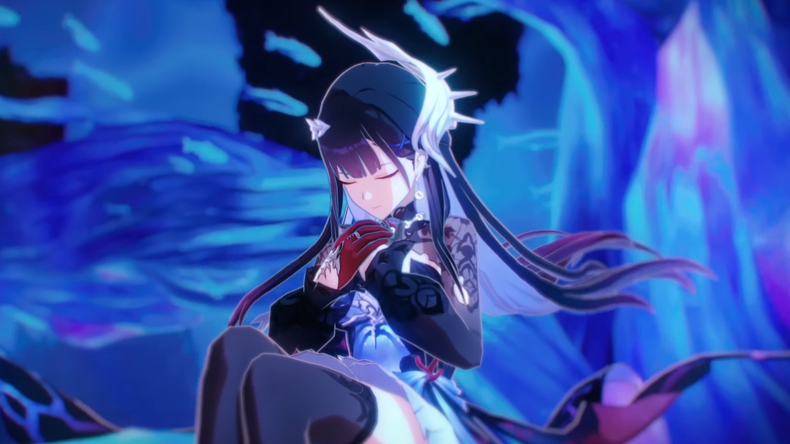 Hysilens in HSR, sitting underwater as fish swim around her - 4