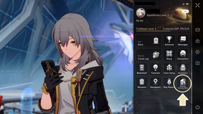 The female player character in Honkai: Star Rail examines her mobile phone, which brings up the game’s menu to be viewed down the right-hand side of the screen.