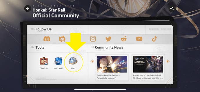 The Official Community menu showing the interactive map icon in Honkai Star Rail