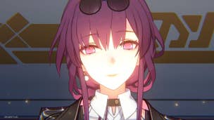 Honkai Star Rail Kafka materials: An anime woman with purple hair in two loops in the back and a long fringe is illuminated by the light of an explosion as she stares straight ahead, expressionless