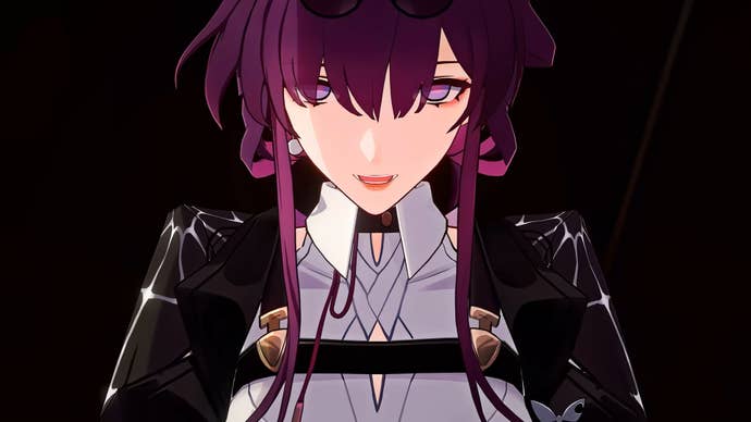 Kafka looks at the camera with a smile in Honkai: Star Rail.