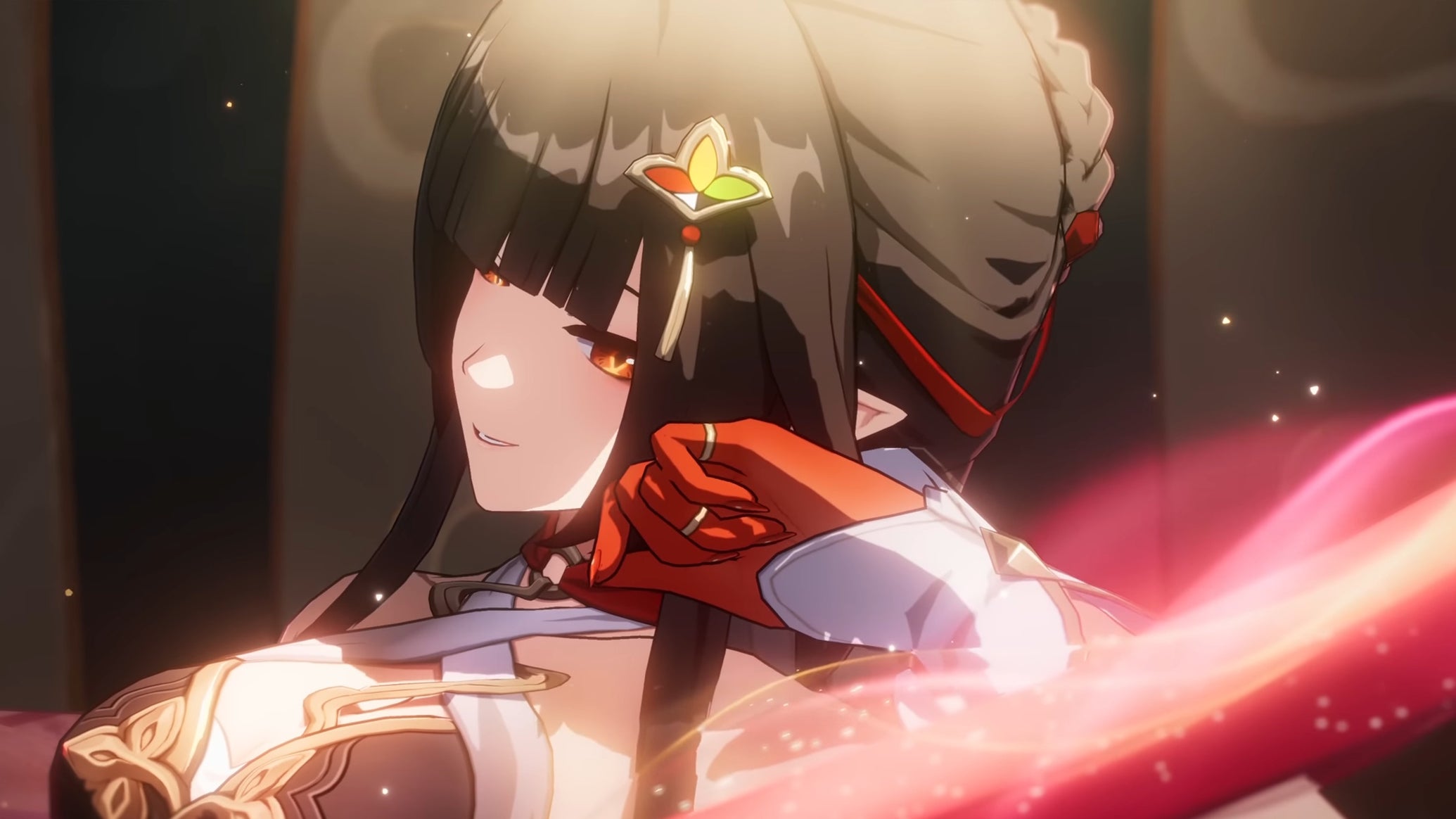 Lingsha from Honkai Star Rail, sitting in the center of a spotlight and weaving red light around herself - 1