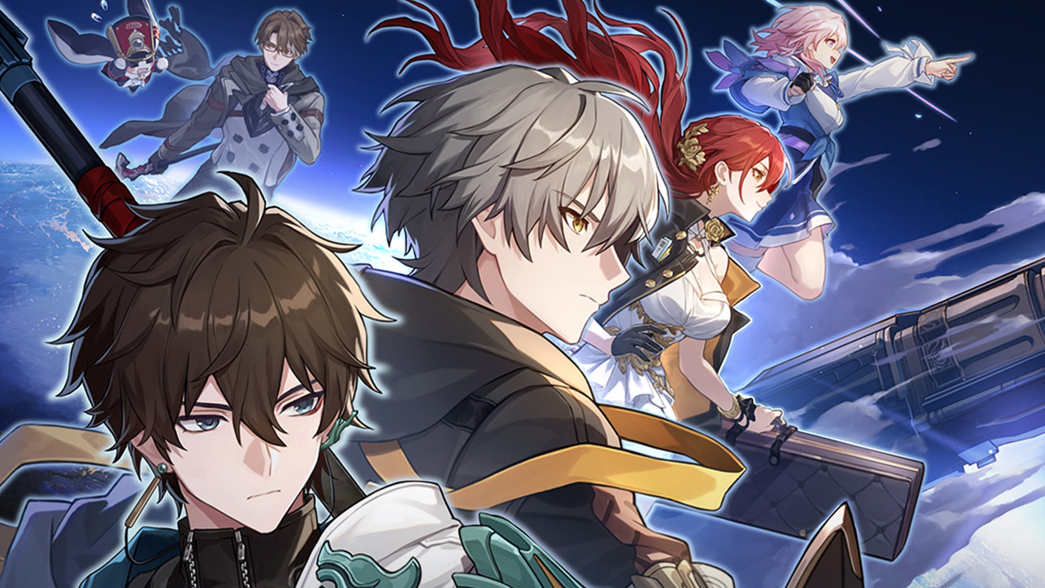 Honkai Star Rail characters Dan Heng, the Trailblazer, Himeko, March 7th, Pom-Pom and Welt in space. - 30