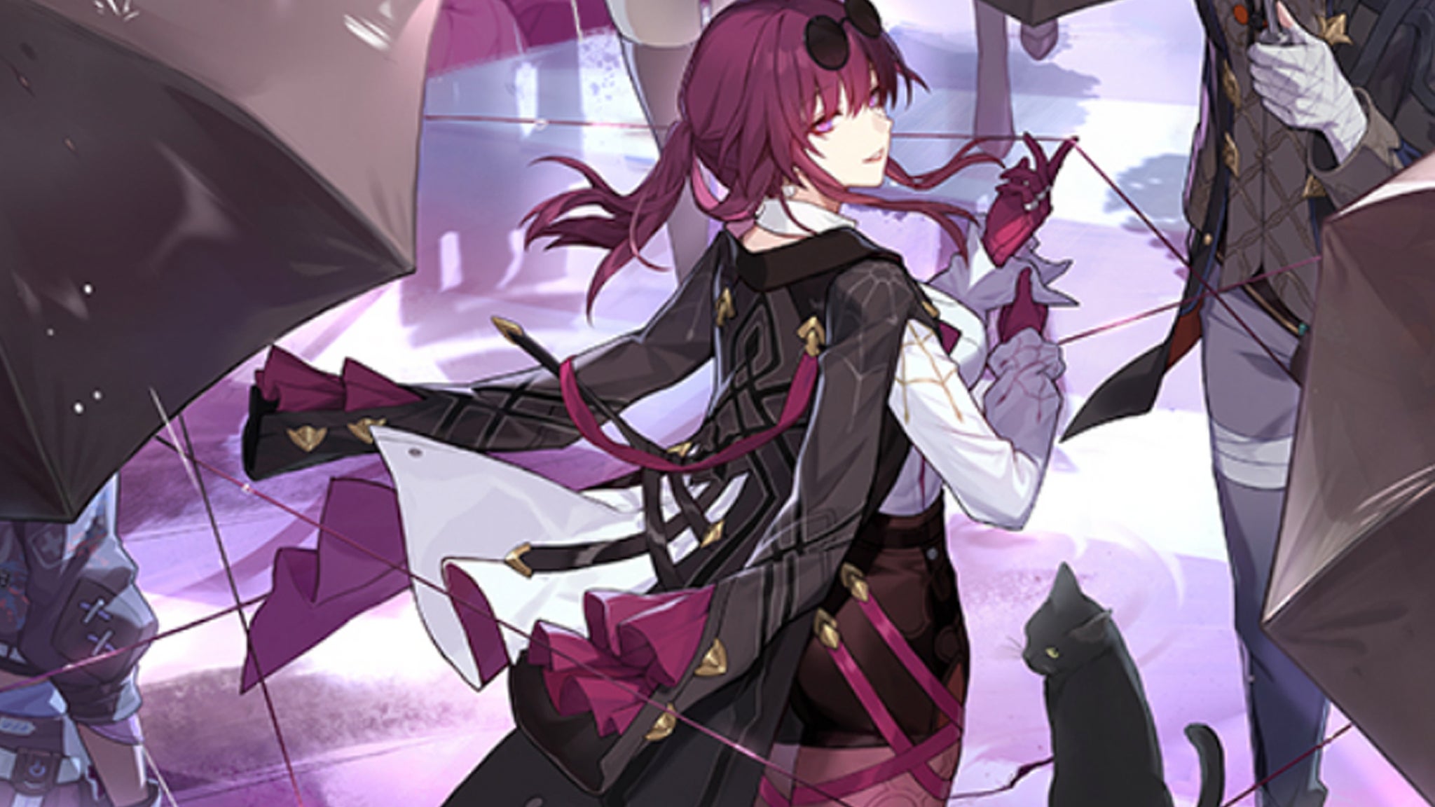 Anime artwork for Honkai Star Rail showing the character Kafka surrounded by people holding umbrellas. - 3