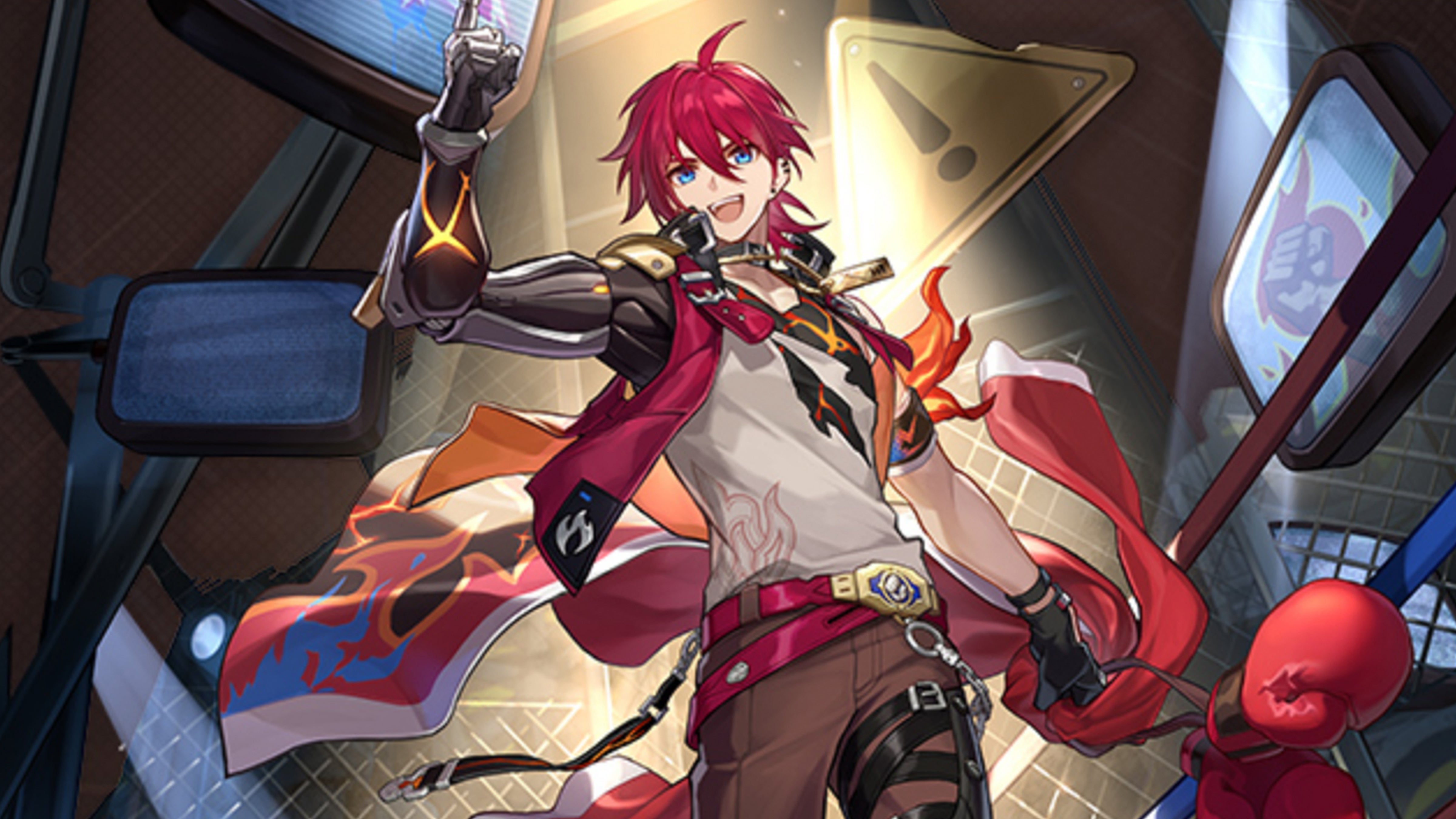 Anime artwork for Honkai Star Rail showing the character Luka striking a triumphant pose in a boxing ring.