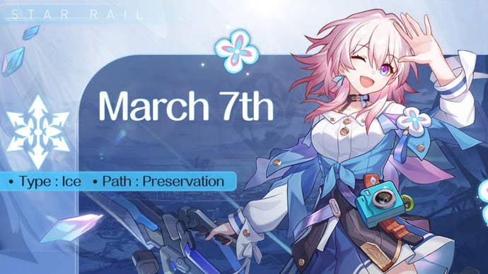 Honkai Star Rail character March 7th wearing an outfit with a clipped to it camera and waving while smiling.