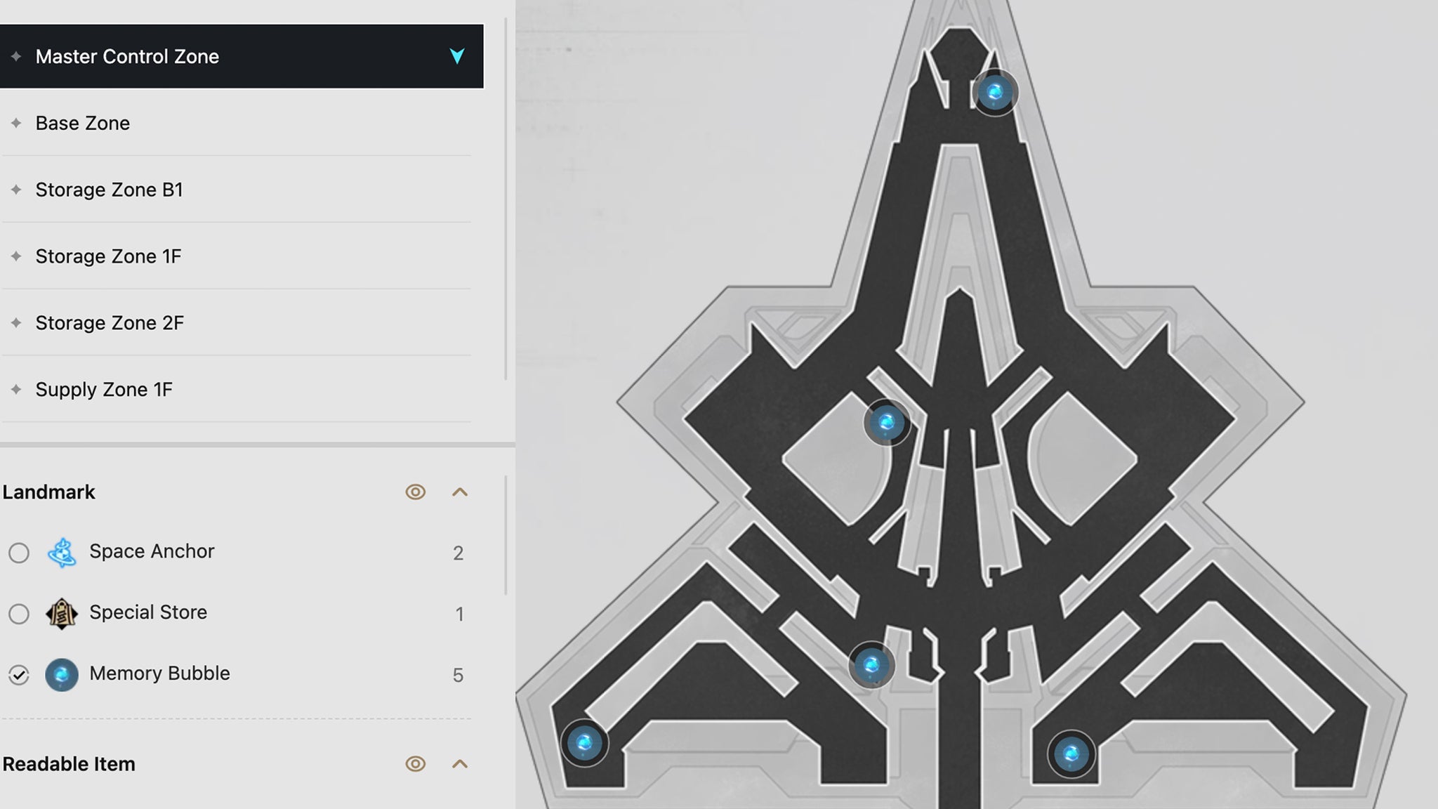 Map showing the locations of the Memory Bubbles in the Master Control Zone in Honkai Star Rail. - 5