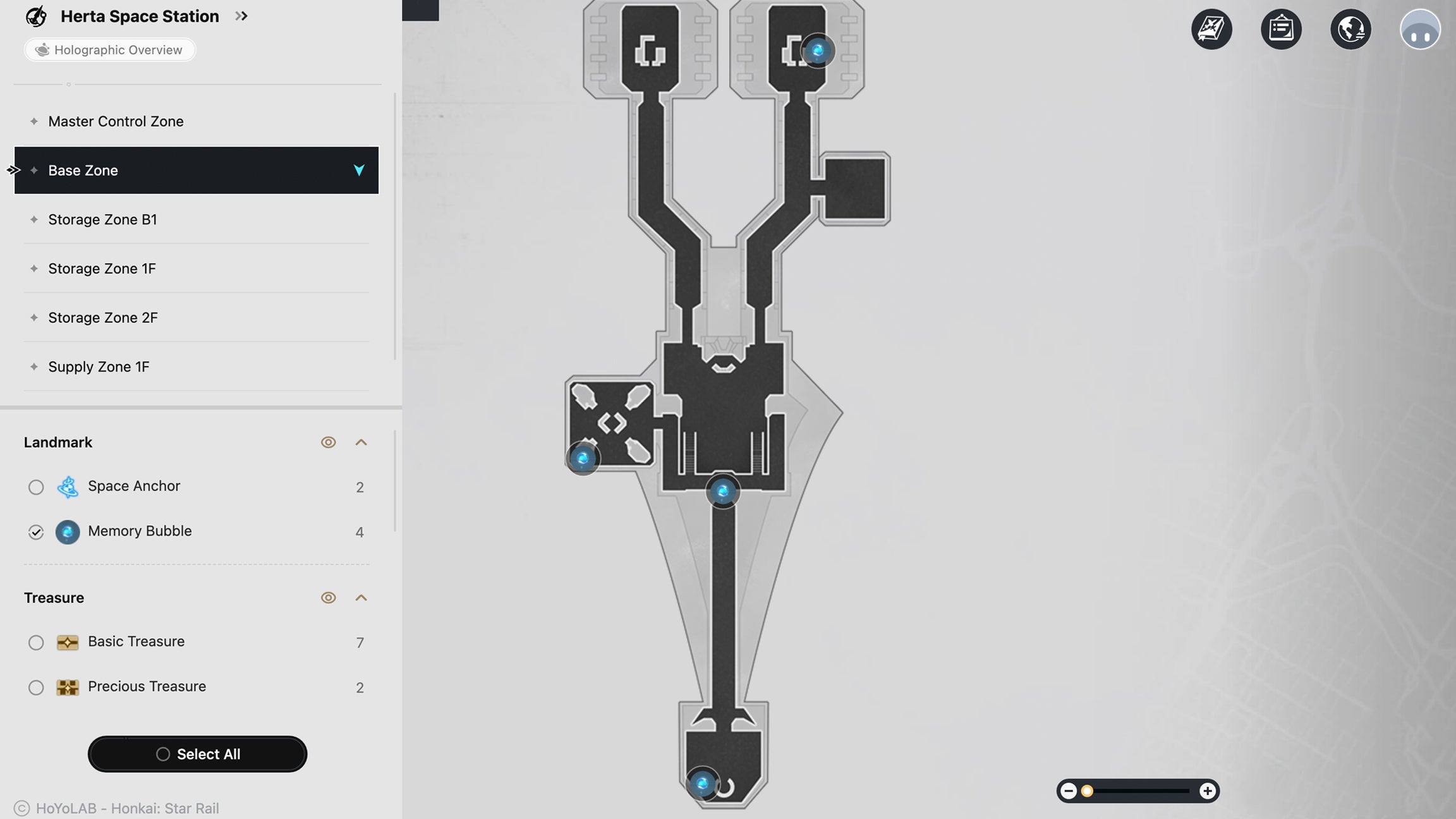 Map showing the locations of the all of the Memory Bubbles in the Base Zone in Honkai Star Rail.