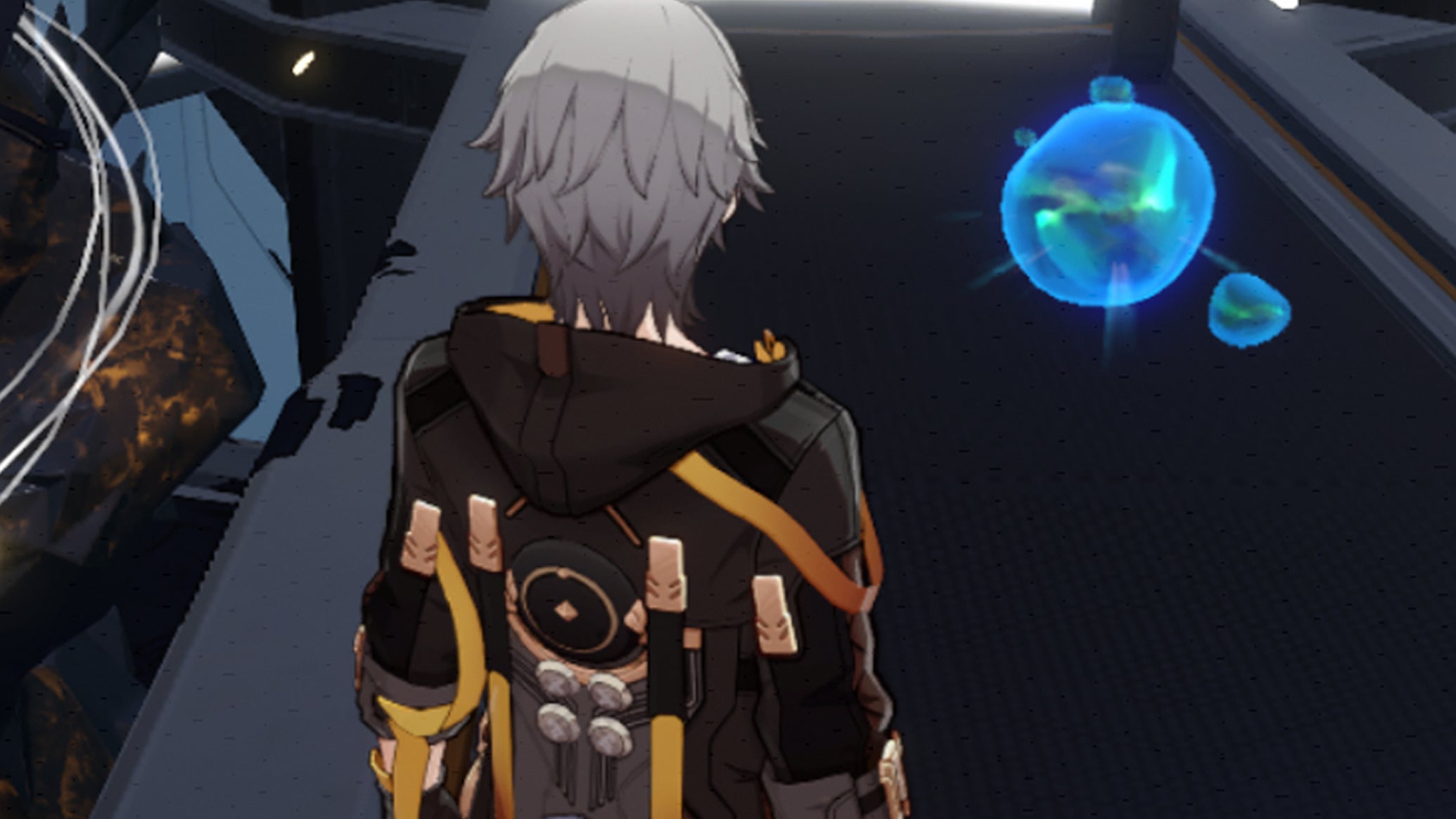 Image showing the Trailblazer character in Honkai Star Rail looking at a Memory Bubble at the Herta Space Station. - 1