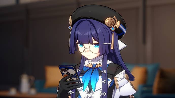 Honkai Star Rail education quiz: An anime woman with long blue hair, wearing a white coat with a blue bow and a black flat hat, is looking at her phone