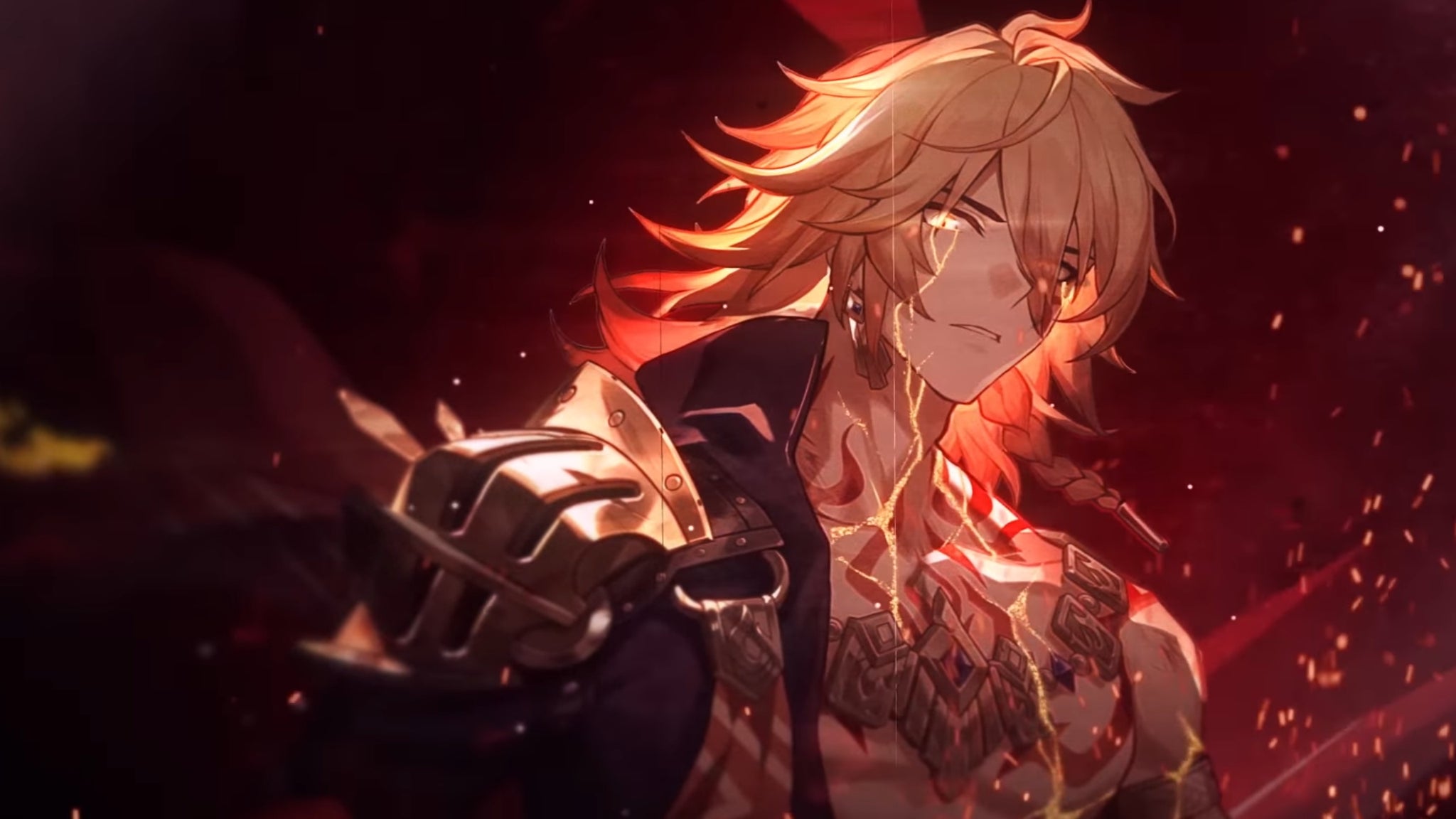 Mydei in Honkai Star Rail, going through it with a blazing red aura surrounding him, a black background, and what looks like blood dripping from him - 4