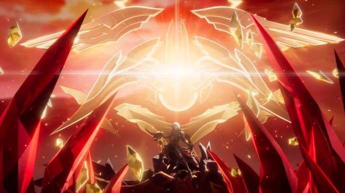 Mydei in Honkai Star Rail standing atop a throne of bones