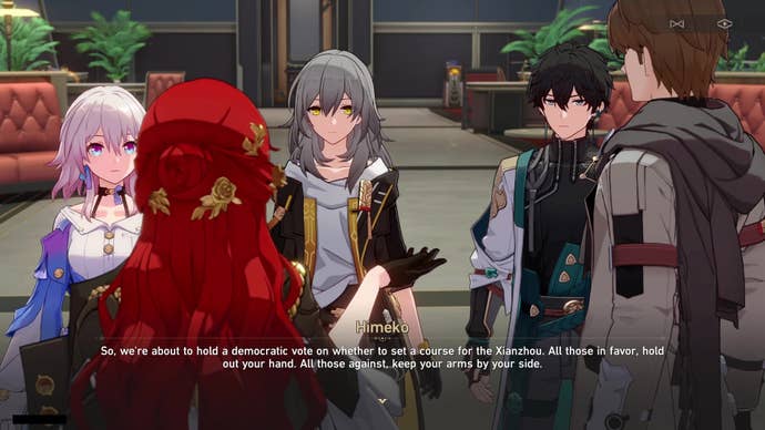 March 7th, the female Trailblazer, and Dan Heng face Welt and Himeko (who have their backs to the camera) in the parlor car of the Astral Express. Himeko is explaining the rules for the navigation meeting vote.