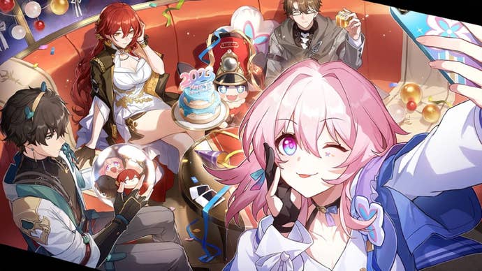 Dan Heng, Himeko, Pom-Pom, Welt, and March 7th gather around a table on the Astral Express with a “2023” New Year’s cake at its centre in a promotional image for Honkai: Star Rail.