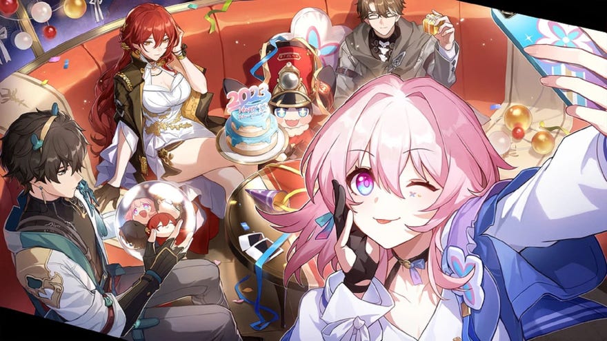 Dan Heng, Himeko, Pom-Pom, Welt, and March 7th gather around a table on the Astral Express with a “2023” New Year’s cake at its centre in a promotional image for Honkai: Star Rail.