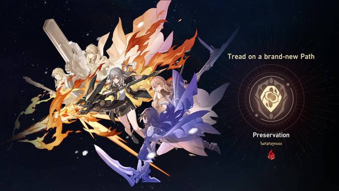The Preservation path (element: Fire) unlocked in Honkai: Star Rail. In the splash art, the Trailblazer lunges forward with Serval and Gepard on one side and Bronya and Seele on the other.