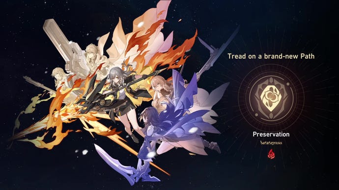 The Preservation path (element: Fire) unlocked in Honkai: Star Rail. In the splash art, the Trailblazer lunges forward with Serval and Gepard on one side and Bronya and Seele on the other.