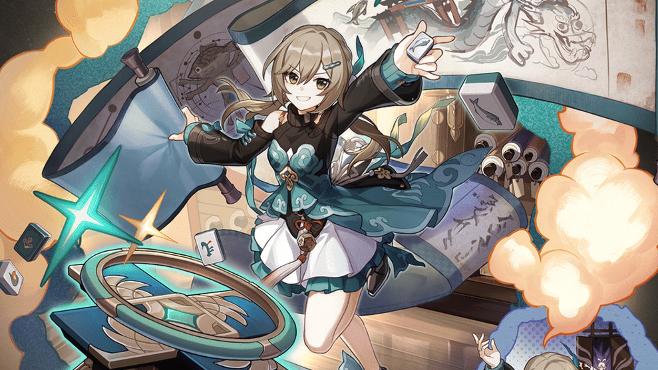 Artwork showing Honkai Star Rail character Qinque alongside tiles that look like pieces from the game mahjong.