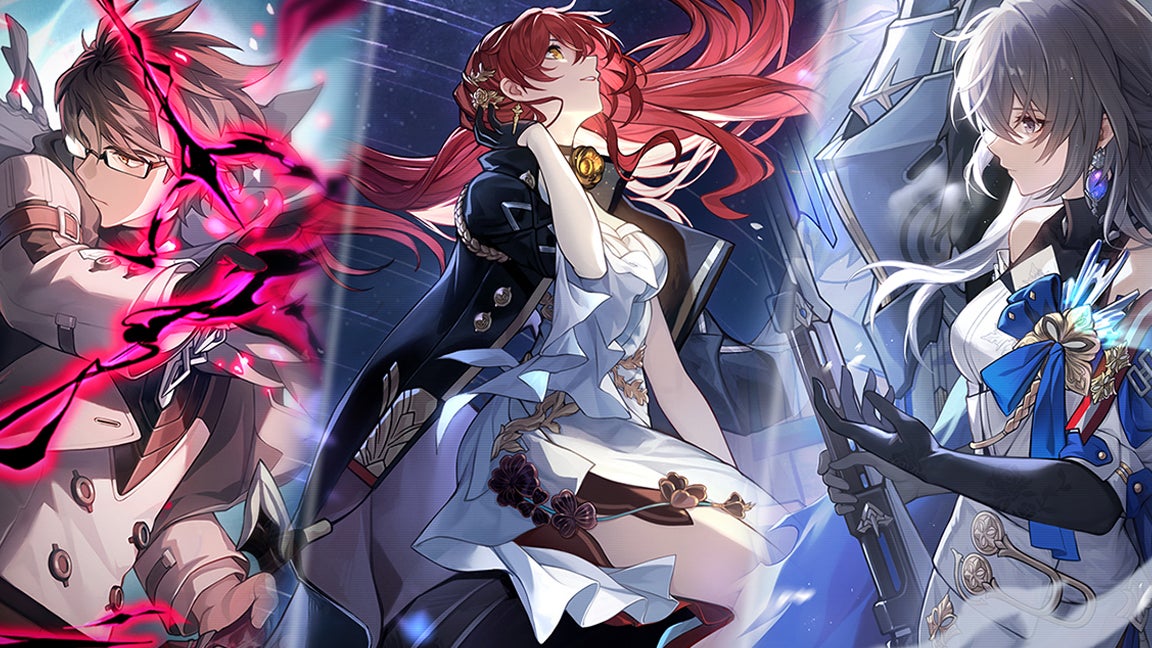 Artwork for Honkai Star Rail showing three characters - one looks mid battle, the other is posing by a space backdrop and the third and final character looks pensive.